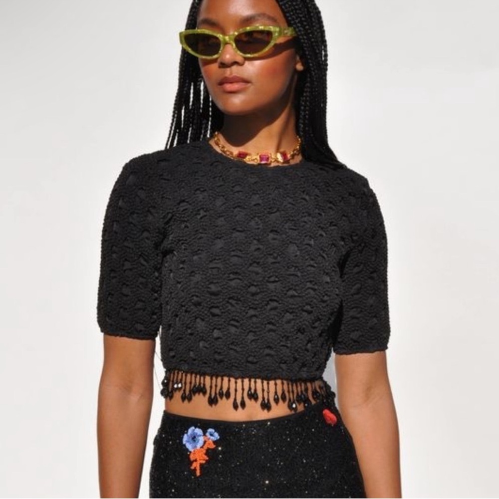 GANNI Black Smocked Top with beads - Picture 3 of 7